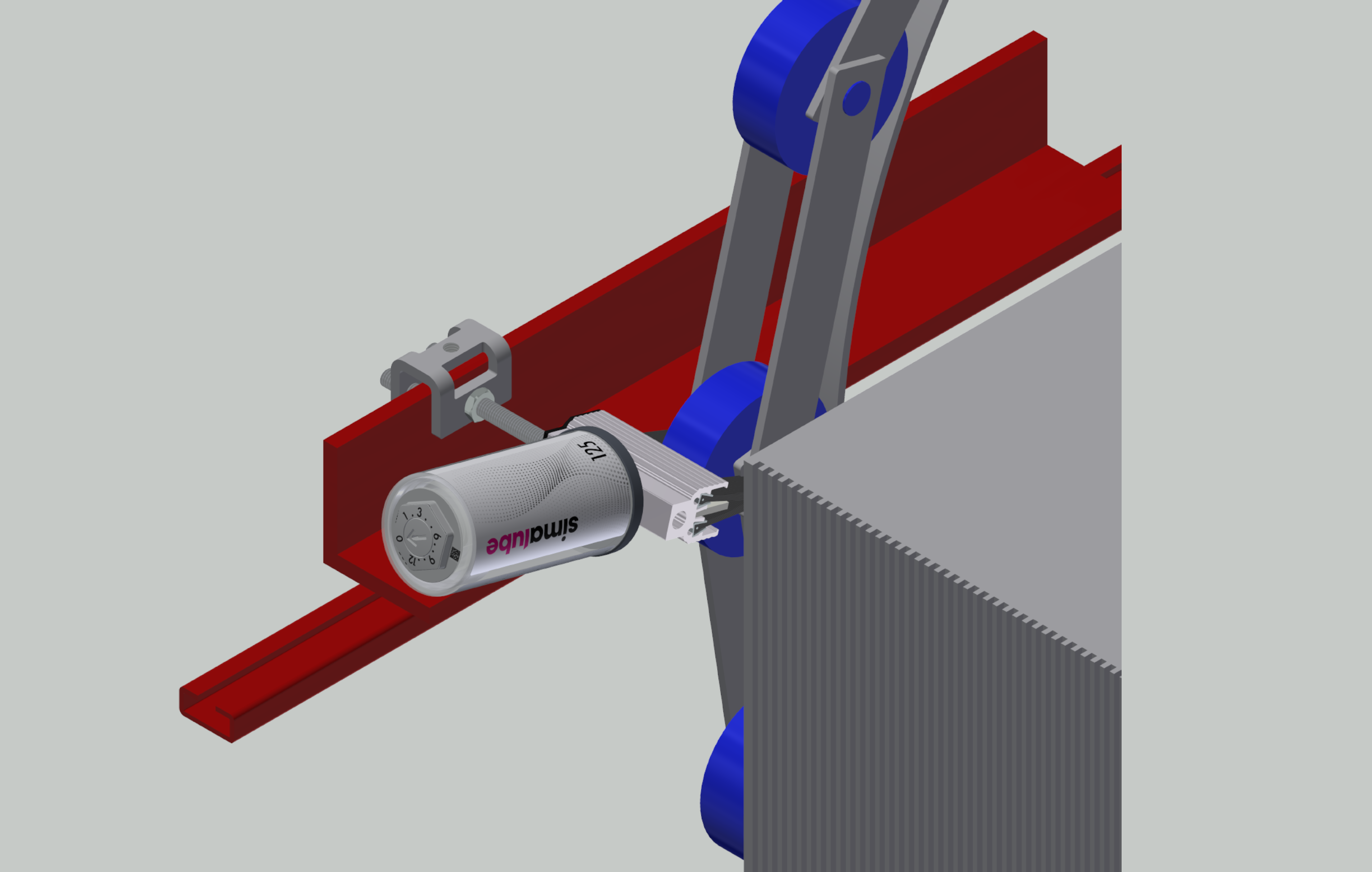 Vista del modelo: el lubricador simalube incl. cepillo lubrica y limpia la cadena de peldaños de una escalera mecánica de forma automática y constante durante un máximo de un año.