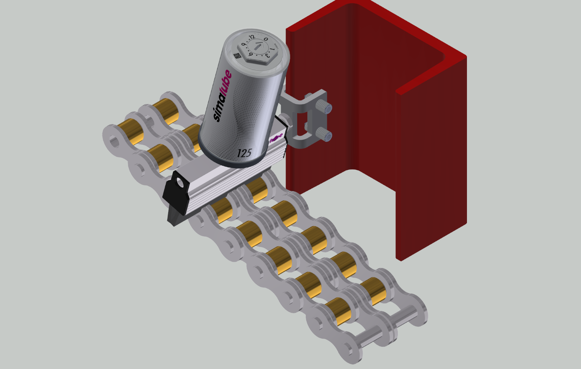 Vista del modelo: el lubricador simalube incl. cepillo lubrica y limpia simultáneamente la cadena de transmisión de una escalera mecánica de forma automática y constante durante un máximo de un año.