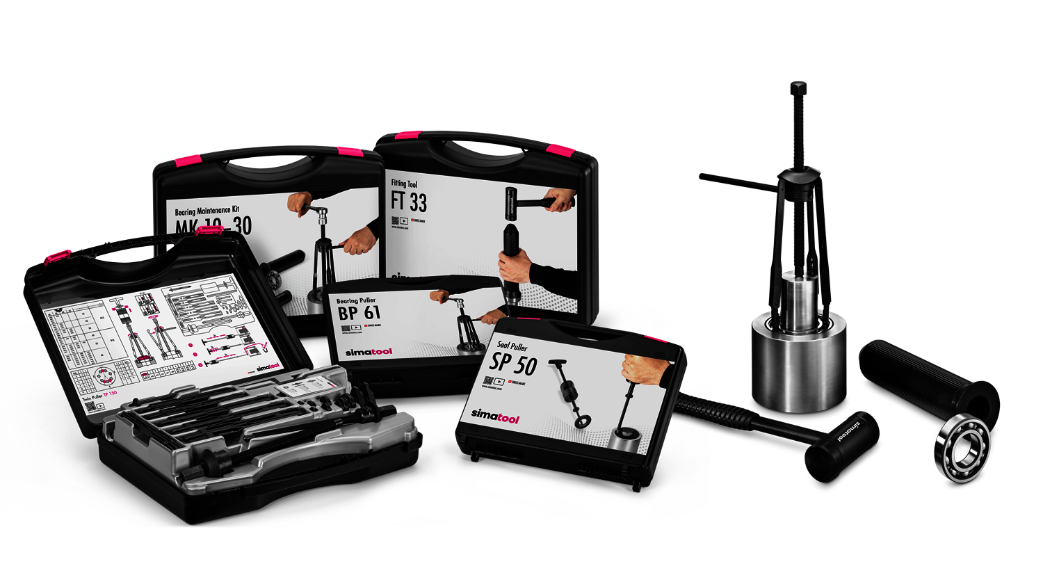 Several simatool tool cases with various specialized tools for mounting and dismounting bearings
