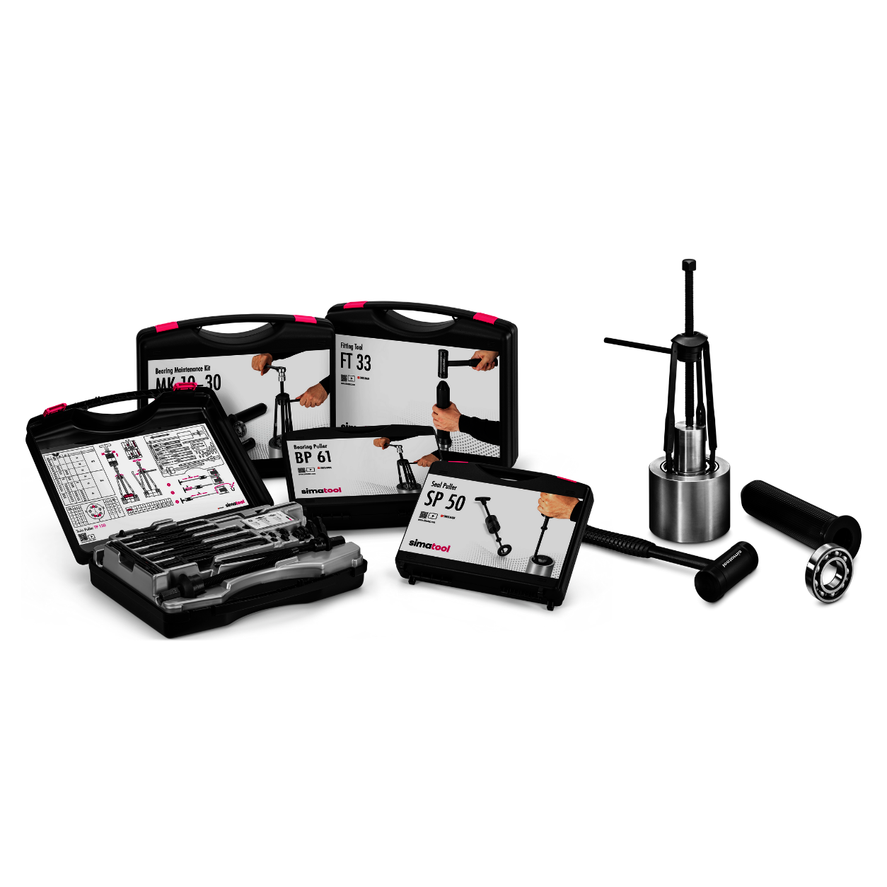 Several simatool tool cases with various specialized tools for mounting and dismounting bearings